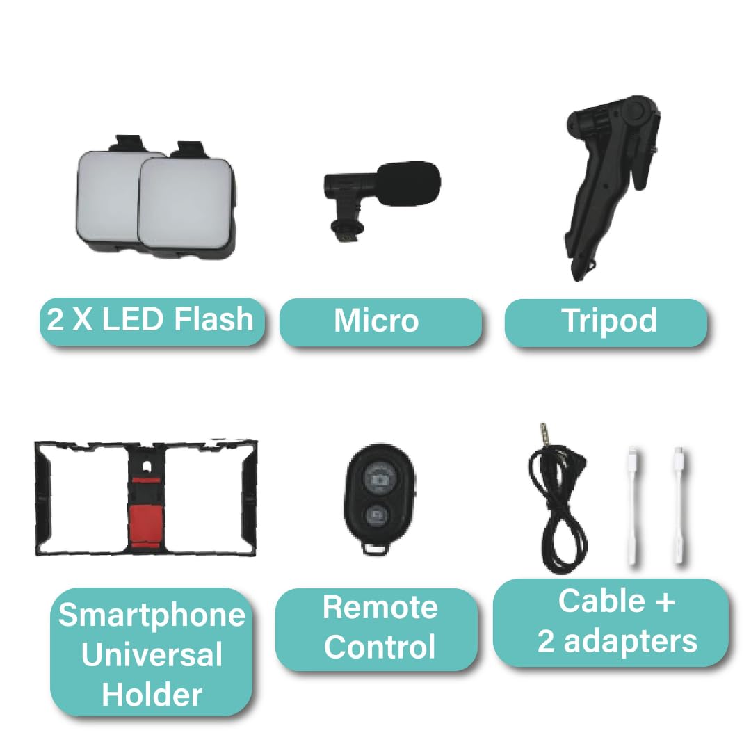 Vlogging Kit with 2 LED Lights for iOS and Android - Complete Content Creator Kit with Tripod, Microphone & Smartphone Holder, Ideal for Social Media - Content Creator Essentials for Vlogging