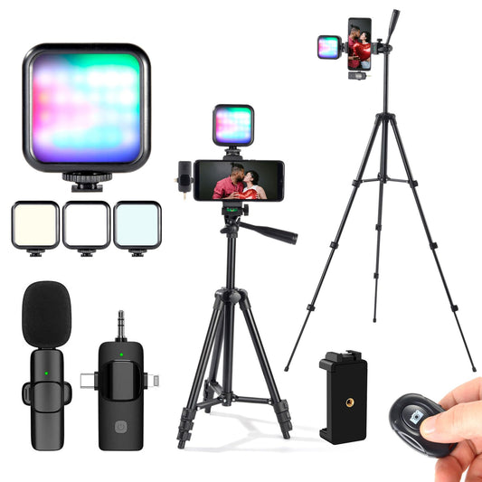 Vlogging Kit for iPhone,YouTube Starter Kit,Youtuber Kit Beginner Content Creator Essentials Kit for Android Phone,Vlogging Camera Kit with Extendable Tripod/Wireless Microphone/RGB Fill-in Light