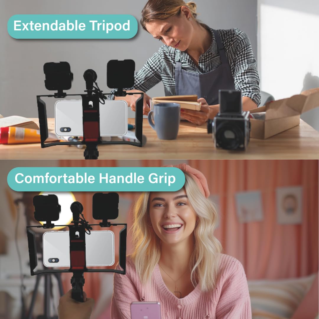 Vlogging Kit with 2 LED Lights for iOS and Android - Complete Content Creator Kit with Tripod, Microphone & Smartphone Holder, Ideal for Social Media - Content Creator Essentials for Vlogging