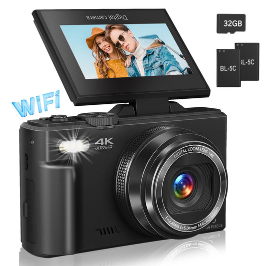 Digital Camera for Photography, 4K Vlogging Camera for YouTube 3" 180° Flip Screen 18X Digital Zoom Compact Retro Camera with 32GB TF Card & 2 Batteries, Black