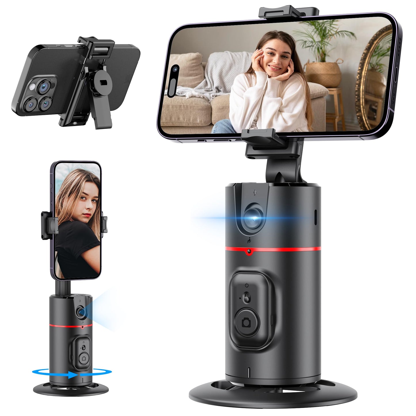 Auto Face Tracking Tripod, No App, Smart Shooting Phone Holder with Remote, 360° Rotation Body Phone Camera Mount Extendable Body Smart Tracking Tripod for Vlog/TIK Tok, Rechargeable Battery (Black)