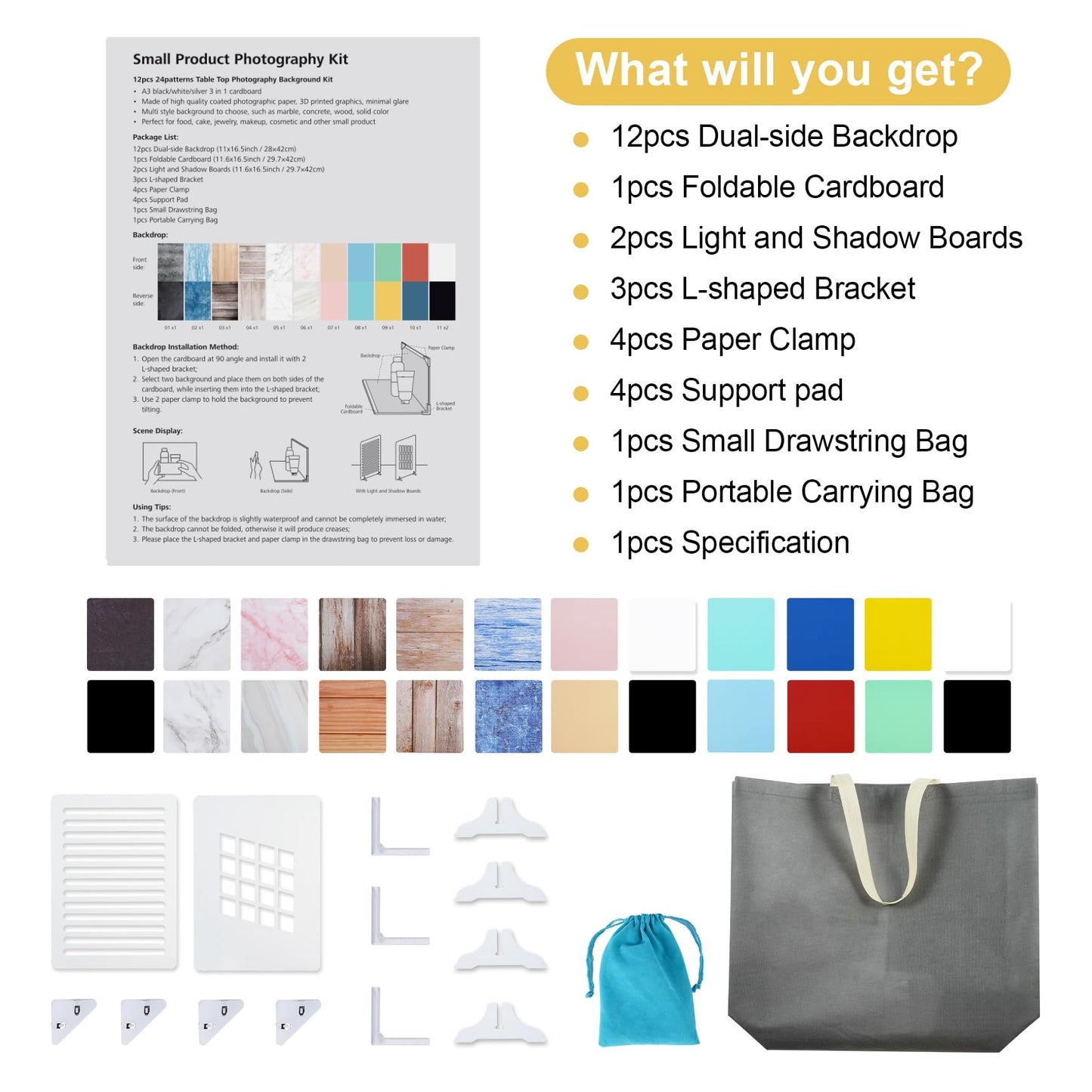 Meking 12Pcs 22Patterns Small Product Photography Backdrops Kit Photo Background Food Photography Backdrop Board with Carrying Bag and Drawstring Bag(16.5X11inch)