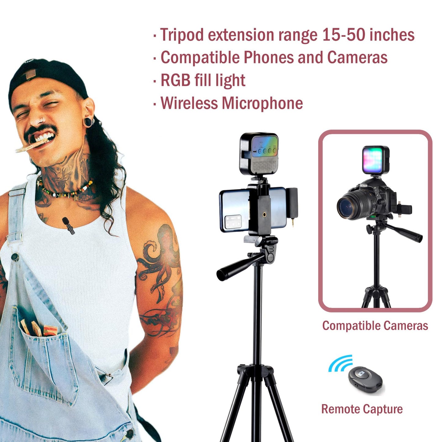 Vlogging Kit for iPhone,YouTube Starter Kit,Youtuber Kit Beginner Content Creator Essentials Kit for Android Phone,Vlogging Camera Kit with Extendable Tripod/Wireless Microphone/RGB Fill-in Light