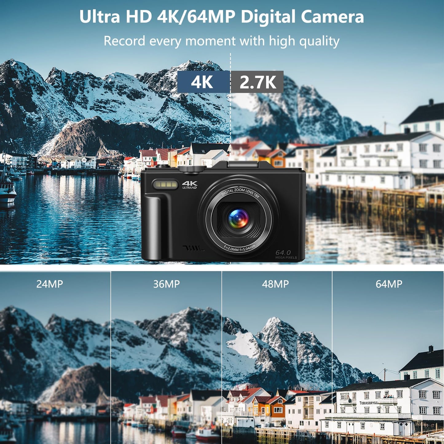 Digital Camera for Photography, 4K Vlogging Camera for YouTube 3" 180° Flip Screen 18X Digital Zoom Compact Retro Camera with 32GB TF Card & 2 Batteries, Black