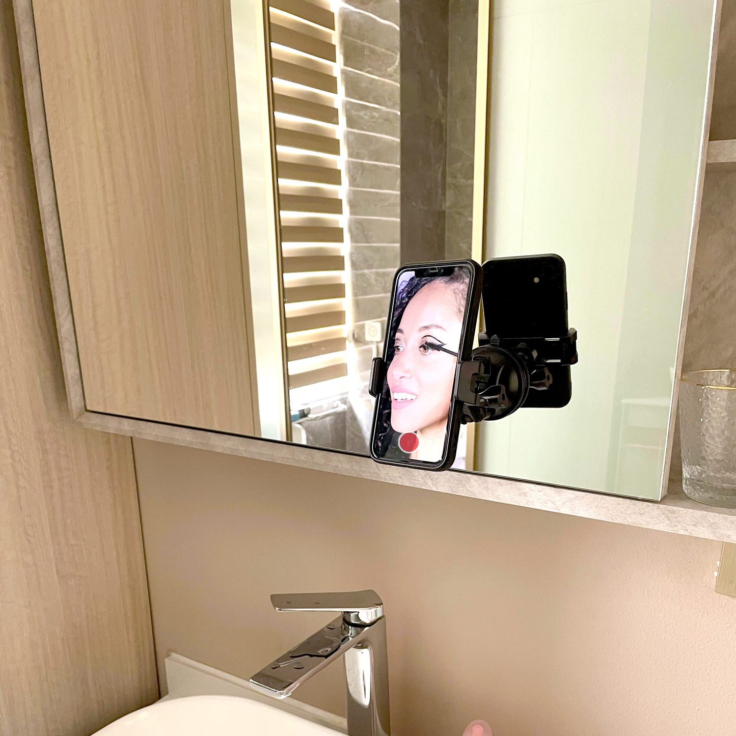 Universal Mirror Shower Phone Holder, Multi-Directional Dual 360 Degree Rotating Suction Cup Phone Wall Mount stand, Tiktok Youtube Vlog Video Recording Kit, airplane travel essentials accessories