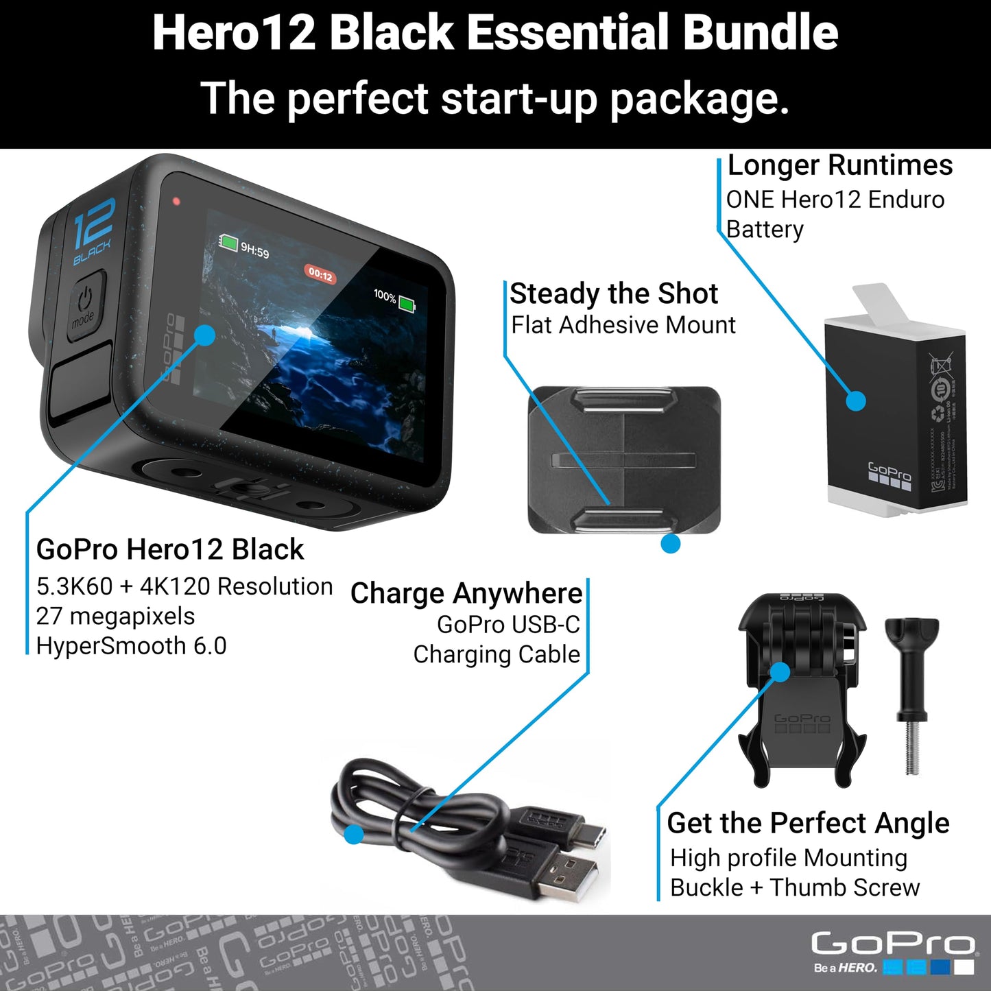 GoPro Hero12 Black E-Commerce Package - Waterproof Action Camera with 5.3K60 Ultra HD Video, 27MP Photos, HDR, 1/1.9" Image Sensor, Live Streaming, Webcam, Stabilization